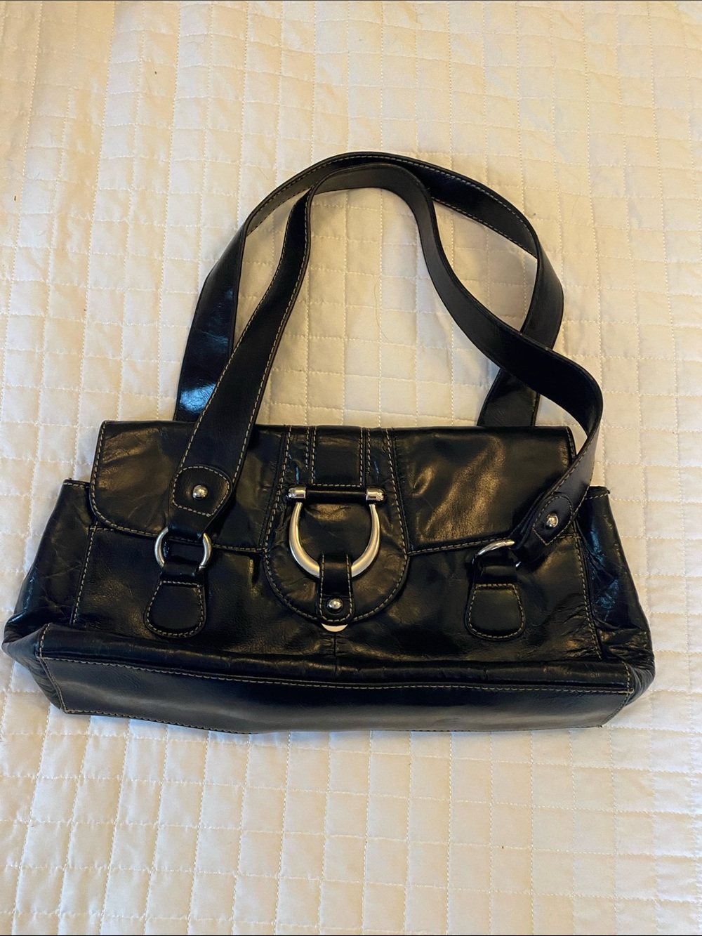 Apt. 9 Black Leather Shoulder Bag with Silver Ring Accent